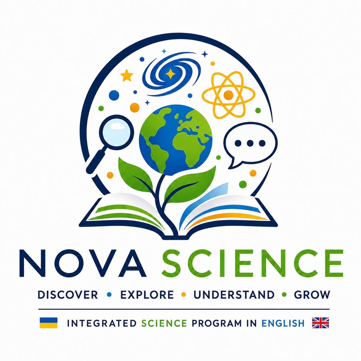 Логотип NOVA Science: книга, Земля та символи науки